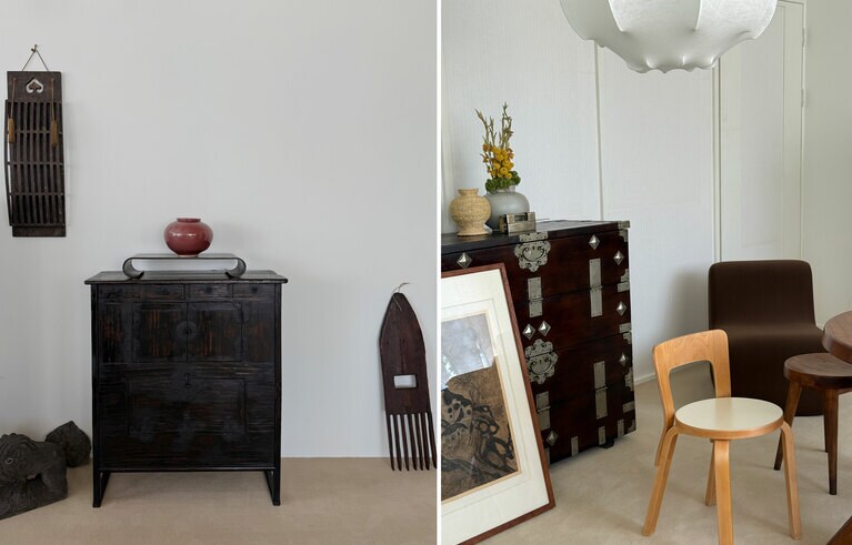 かの昔の農具も、ここにディスプレイされていると洗練されたインテリアに（左写真）。