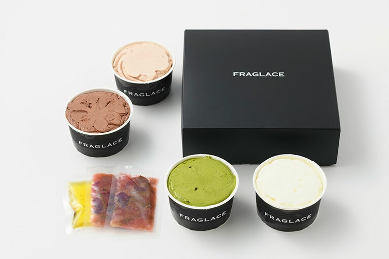 FRAGLACE Assor 3,420円(4種類×各100ml)。手前右から時計回りに：レモン・オリーブオイル・塩(オリーブオイル付き)、グリーンティー、ローズチョコレート(バラのコンフィチュール付き)、ローズバニラ(バラのコンフィチュール付き)。※通販限定商品。
