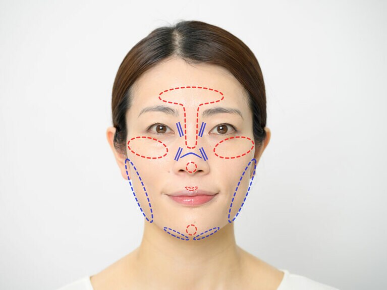 赤い点線で囲まれた部分にハイライトを、青い点線で囲まれた部分＆青い線部分にはシェーディングを入れて。