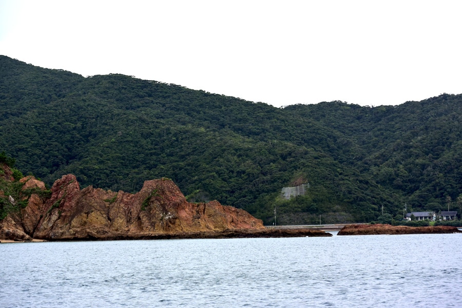 奄美大島から生間へ向かう海上タクシーから見た加計呂麻島。赤茶色の断崖が印象的。