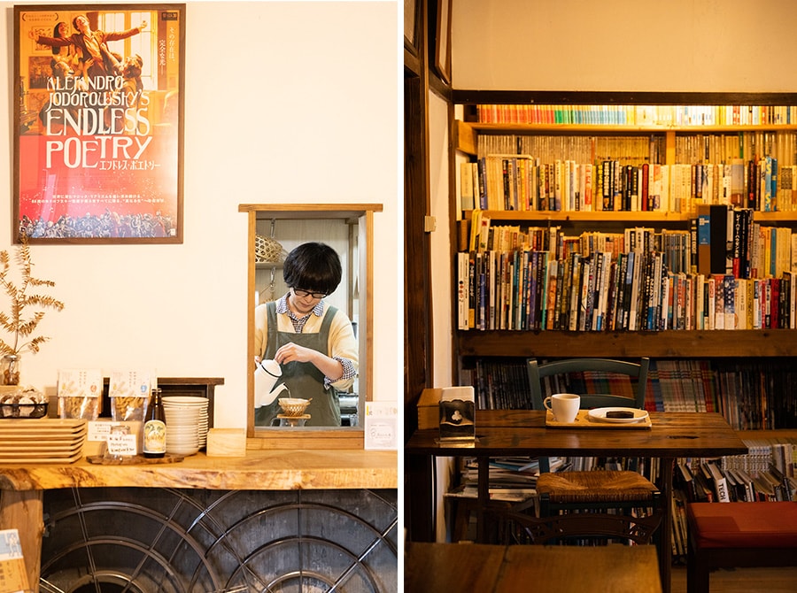 竹細工のドリッパーでコーヒーを淹れるオーナーの堀田弥生さん。映画ファンの好奇心を刺激する本がずらりと並ぶ併設カフェでのんびりと。