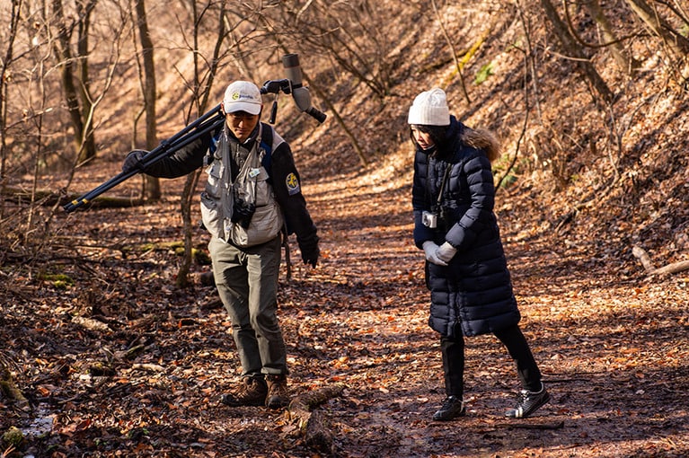 足元に動物のフンや植物を食べた痕を見つけながら歩く。