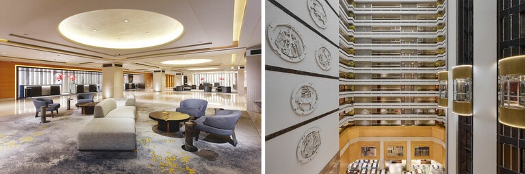 シースルーのエレベーターから望む館内デザインにも、風水の要素が取り入れられています。