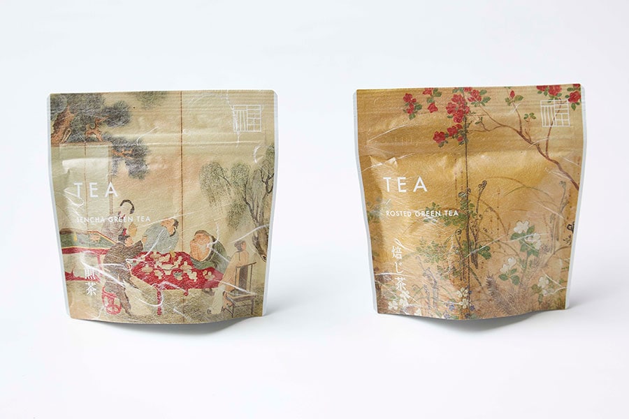 左から：日本茶ティーバッグ 煎茶 5袋入り、日本茶ティーバッグ 焙じ茶 5袋入り 各500円。