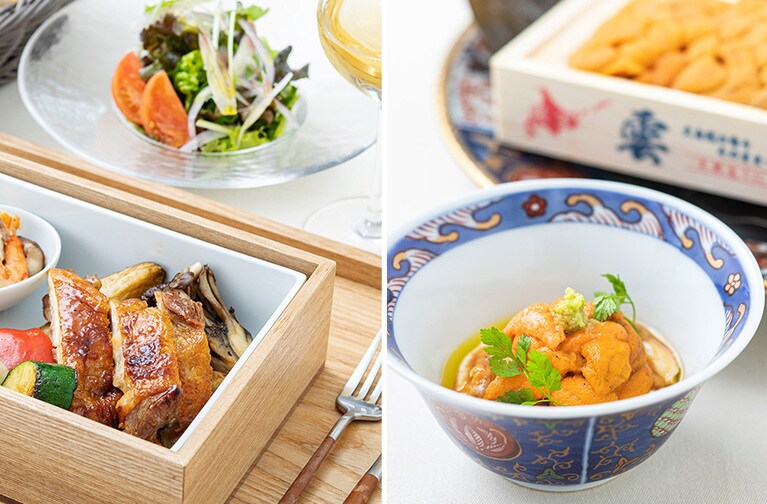 〈写真左〉旬の美味がぎゅっと詰まったランチの「BENTO BOX」。 〈写真右〉ディナーには、板ウニなど「これぞ北海道！」というメニューも。