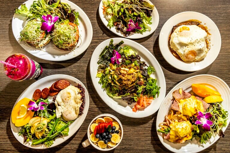 「アイランド・ヴィンテージ・ワインバー」の人気メニュー勢ぞろい。下の真ん中にあるアサイーボウルを注文する人も多かった。撮影／Akira Kumagai