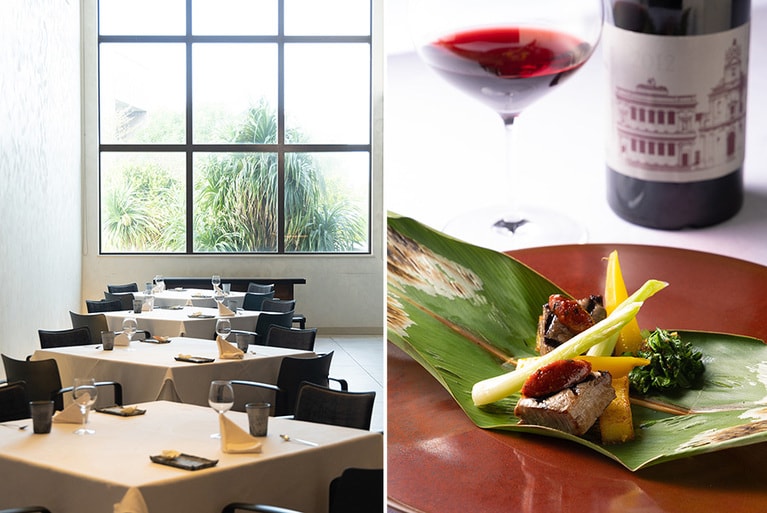 左：政井 茂シェフによる「琉球シチリアーナ」とイタリアワインのマリアージュを堪能できるダイニング。右：新作メニュー「牛フィレ肉の月桃包み焼き」。