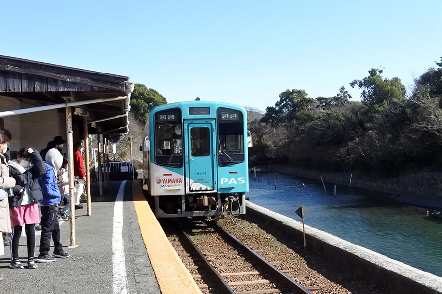 電車の到来とともに、わっと飛び立つユリカモメを期待したのですが……。