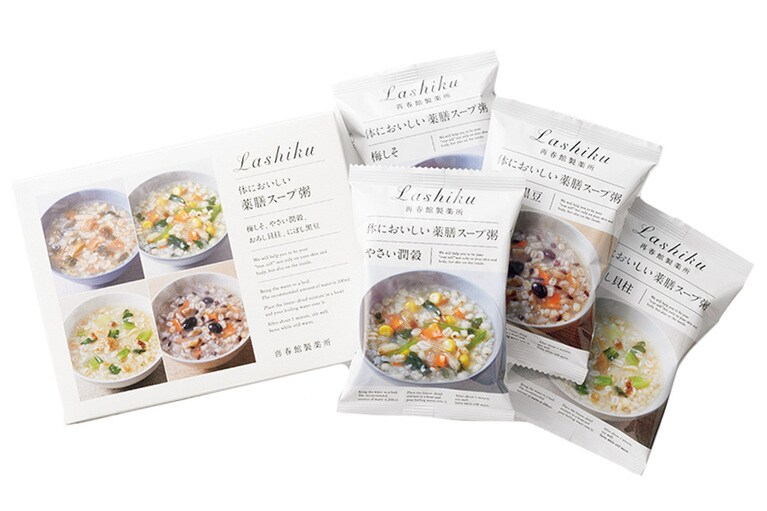 「体においしい 薬膳スープ粥」梅しそ、やさい潤穀、おろし貝柱、にぼし黒豆 4食入り×5箱 5.400円／再春館製薬所 Lashiku