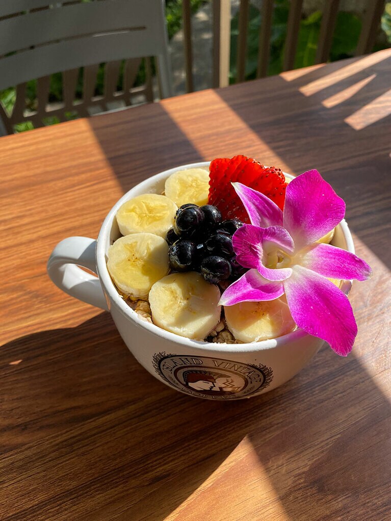 お目当てのアサイボウル。フレッシュフルーツにかかったはちみつがツヤツヤ。オリジナル12.95ドル。