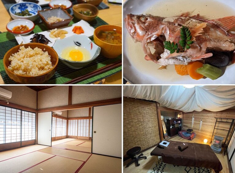 (写真・左上)新鮮な平飼い卵とともにいただく朝食。使う食材はすべて隠岐で採れたもので、栄養バランスもばっちり。(写真・右上)かさごの煮付け。その日とれた鮮魚を調理。岩井さんが釣った魚が食卓に並ぶことも。(写真・左下)客室は8畳二間で広々と使える。障子の向こうには縁側が。(写真・右下)トリートメントルームは、女性専用。