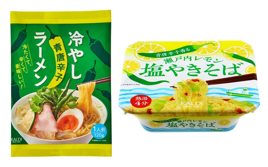 左：オリジナル 冷やし青唐辛子ラーメン 150円。右：オリジナル 青唐辛子香る 瀬戸内レモン塩やきそば 180円。