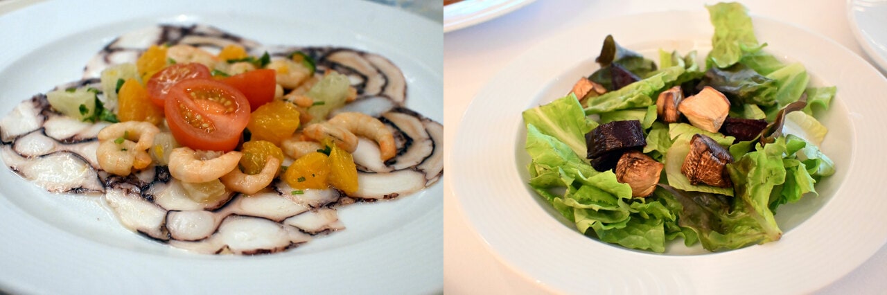 小エビとタコのサラダ。見た目も美味！（左）。サラダもシャキシャキと新鮮！　野菜不足の心配ご無用（右）。