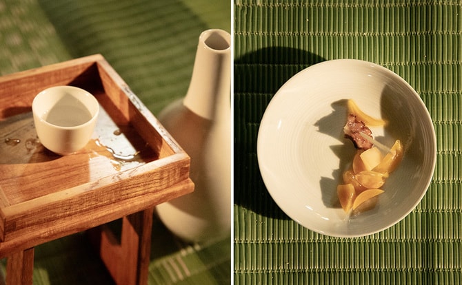 〈写真左〉ふるまわれる島酒。〈写真右〉タコとニンニクの酒肴「ピンタク」。