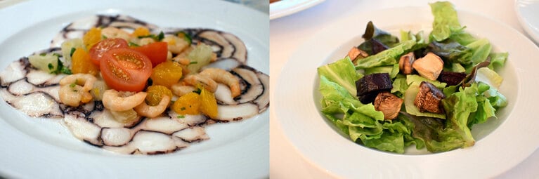 小エビとタコのサラダ。見た目も美味！（左）。サラダもシャキシャキと新鮮！　野菜不足の心配ご無用（右）。