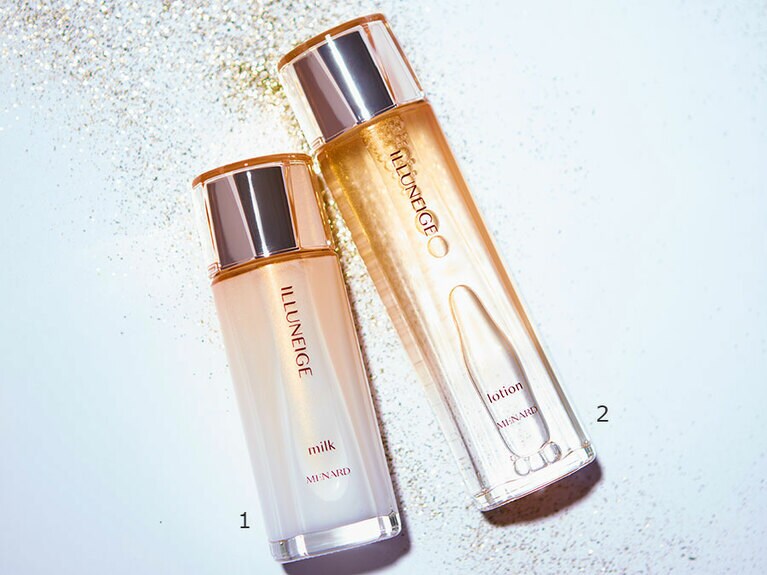 1：イルネージュ ミルク 90mL 11,000円、2：イルネージュ ローション 130mL 12,000円／メナード