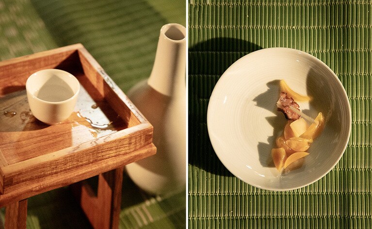 〈写真左〉ふるまわれる島酒。〈写真右〉タコとニンニクの酒肴「ピンタク」。