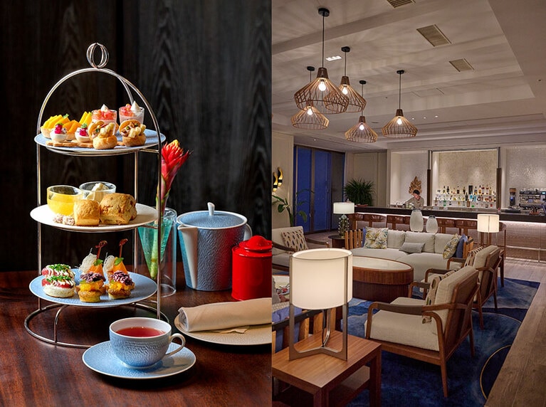 〈写真左〉昼下がりのクラブラウンジでは、この島ならではのアフタヌーンティーで優雅なひととき。〈写真右〉夕暮れどきは、ゆったりくつろぎながらイブニングカクテルを。