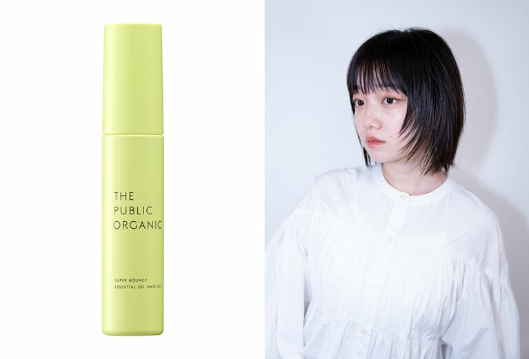 写真左から、ザ パブリック オーガニック スーパーバウンシー ディープモイスト 精油ヘアオイルと使用イメージ。