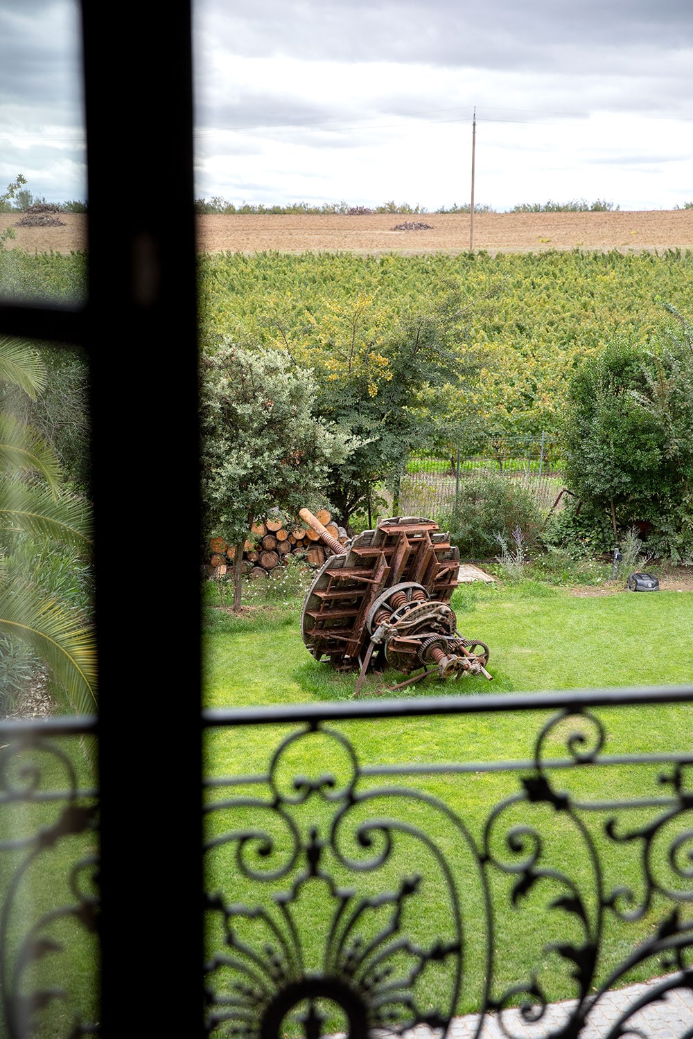 母屋のスイートから、ワイン作りの跡を偲ばせる木製の葡萄圧縮機と葡萄畑の眺め。