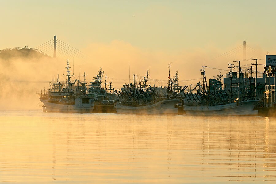 魚市場前の風景。氣嵐の中に並ぶサンマ船は、ファンタジーの世界のような美しさ。