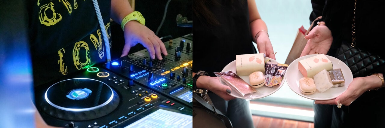 DJの選曲とともにお酒と和菓子を楽しむ。思い思いに和菓子を皿に取り、もなか、羊羹、煎餅などを一度に味わえるのも「アンコマンないと」ならでは。