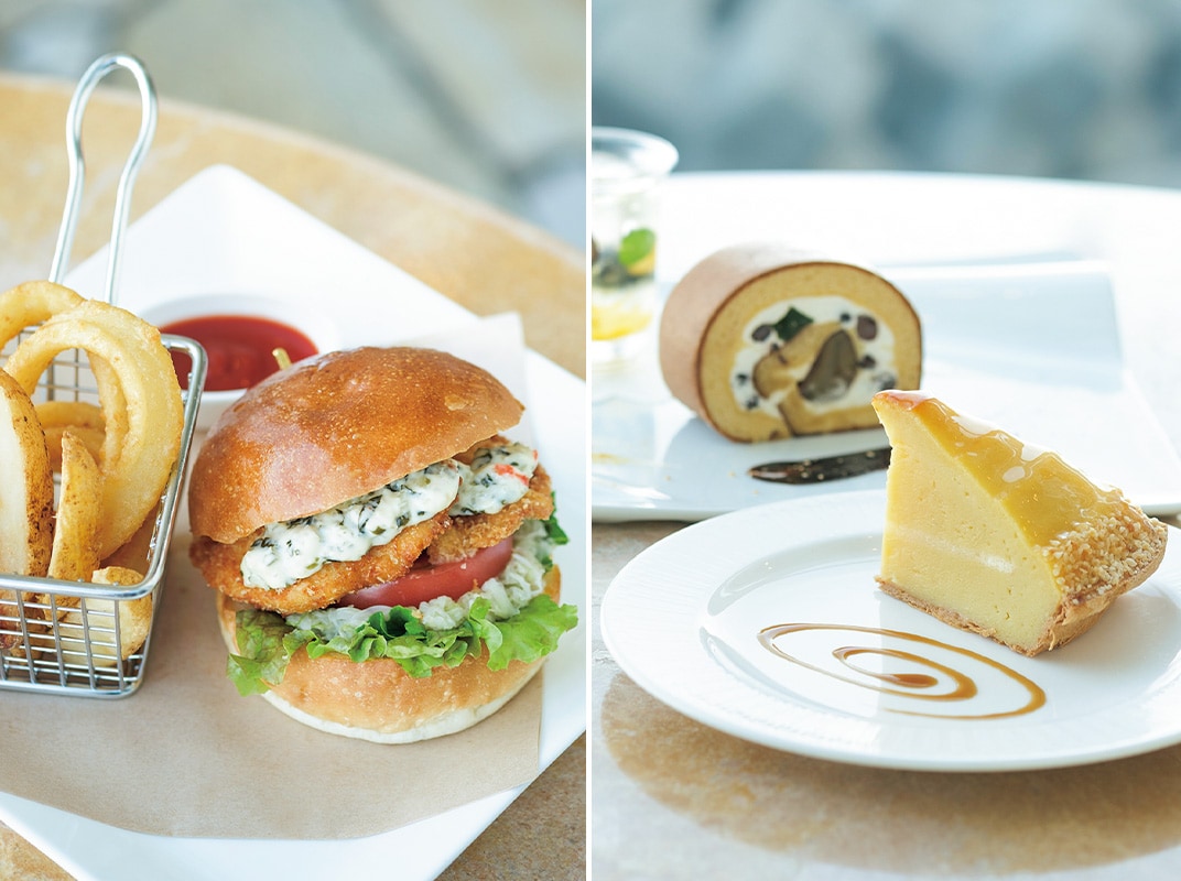 左：肉厚な鯛を贅沢に使った鳴門鯛カツバーガー（1日10食限定）2,400円、淡路島の玉ねぎのフライなど鳴門名物満載。右：手前は20年続くロングセラーの鳴門金時タルト680円。奥は阿波和三盆糖でしっとり焼き上げた大人気のロールケーキ700円。名産のすだちのスイーツも。