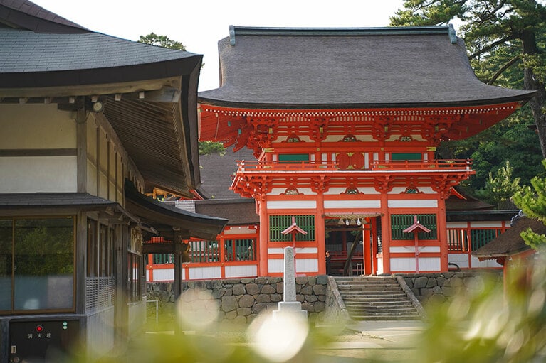 鮮やかな朱色の正殿が松林の緑に映える。