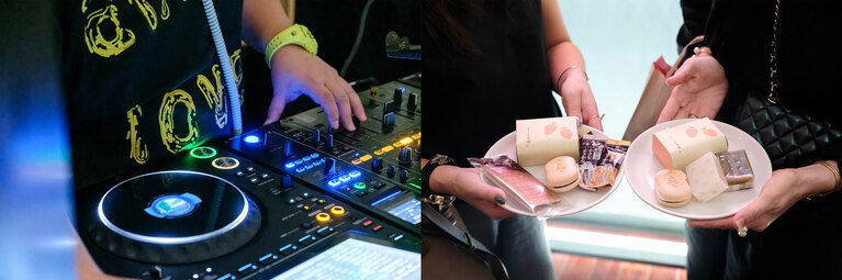DJの選曲とともにお酒と和菓子を楽しむ。思い思いに和菓子を皿に取り、もなか、羊羹、煎餅などを一度に味わえるのも「アンコマンないと」ならでは。