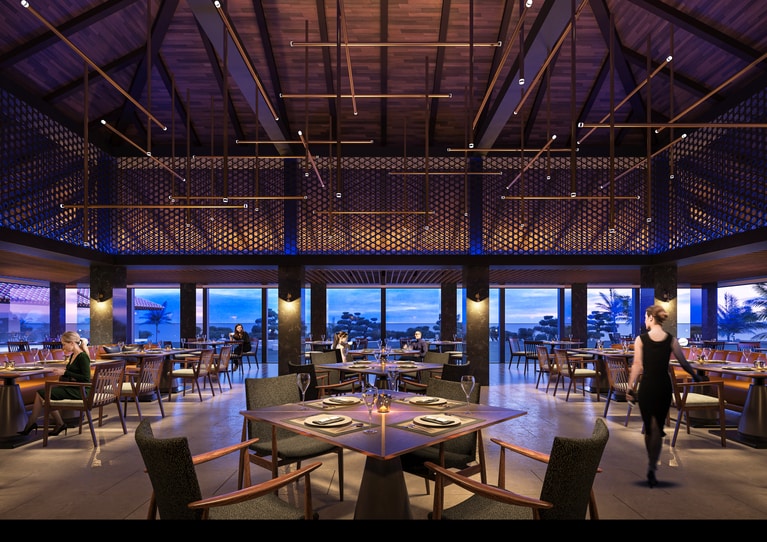 シックな雰囲気の「The Steak ＆ Grill」。センターハウス内には、ライブラリーラウンジも併設。