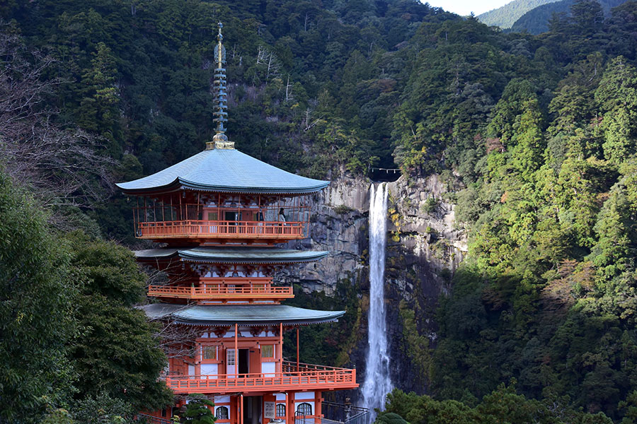 三重塔の背後に、日本三大名瀑の那智の滝。この滝は熊野那智大社の別宮・飛瀧神社のご神体なのだそう。