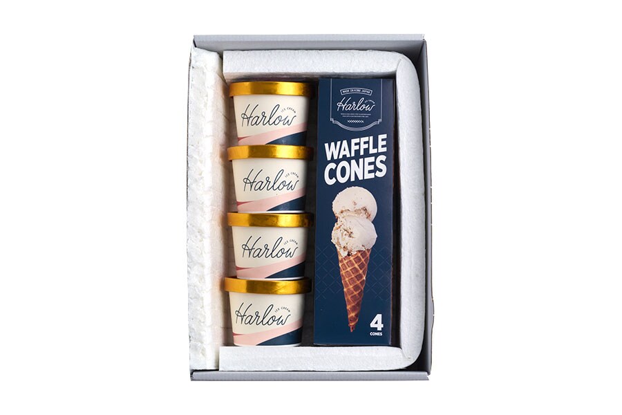 ICE CREAM ＆ Waffle CONE SET OF 4 flavors〈アイスクリーム（塩＆クリームチーズ、ピスタチオ＆クルミ、苺ミルク＆ラズベリー生チョコ、マスカルポーネ＆コーヒー）150ml×4個、ワッフルコーン4個〉3,078円／Harlow ICE CREAM