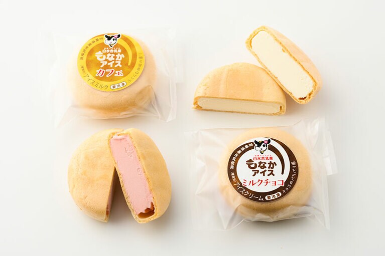 白水舎乳業「もなかアイス」各280円（90ml）。左上から時計回りに：カフェ、ミルク、ミルクチョコ、イチゴ／宮崎県