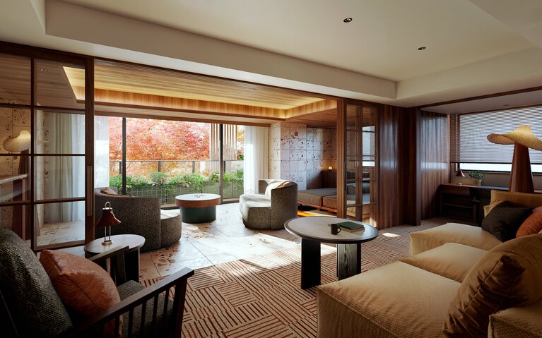 【プレミアコーナースイート】平米数：92～101㎡／定員数：5名／全6室／1室：57,000円～（税込／サービス料別）。　※宿泊料金はシーズンにより異なります。最新の価格は予約画面でご確認ください