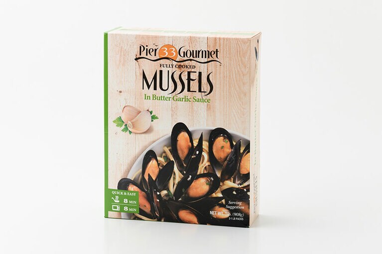 カマンチャカムール貝 バターガーリック味 680円(454g×2パック、税込))。