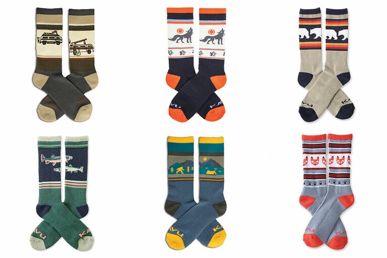 ソックス「ムーンウォーク」(Dream Van、Howling Wolf、Snow Bear、Go Fish、Myth Mountain、Foxy／25～29cm／素材：ウール69％、ナイロン30％、スパンデックス1％)3,850円。