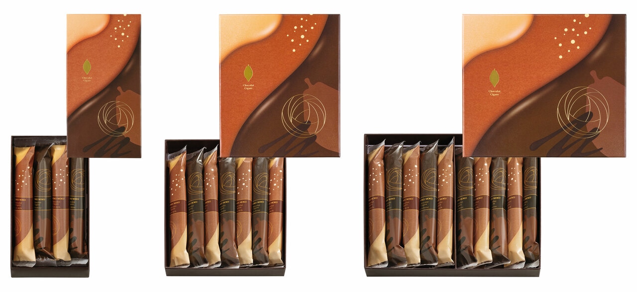 左：2種4本入 1,404円　中：2種7本入（リッチミルク4本、リッチビター3本）2,457円　右：2種10本入 3,510円。