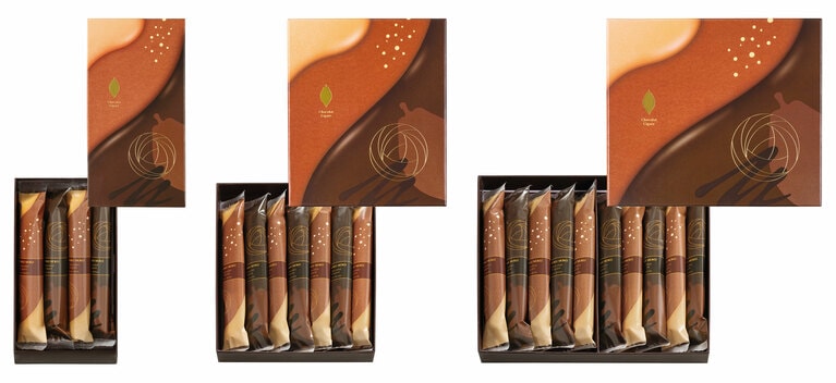 左：2種4本入 1,404円　中：2種7本入（リッチミルク4本、リッチビター3本）2,457円　右：2種10本入 3,510円。