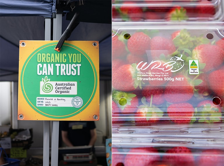 オーガニック認証マークを掲げたお店や商品も多数。