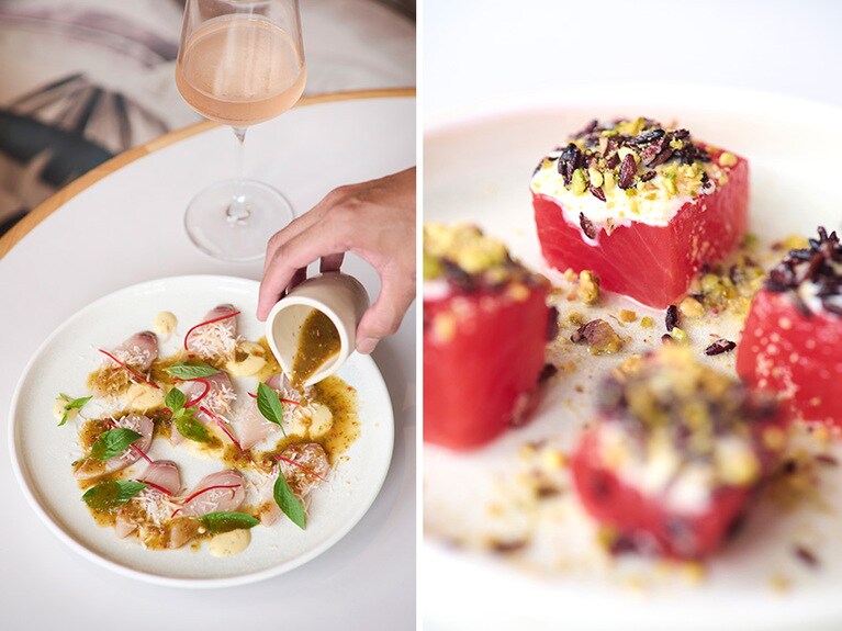 左：“本日のセビーチェ”。この日はキングフィッシュ。$20。右：“スイカのプロセッコ風味 ヤギチーズのせ” $14。