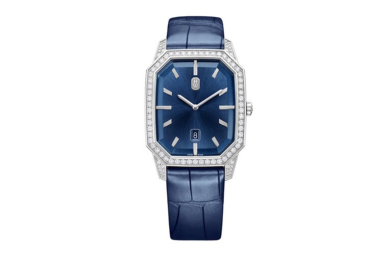 メンズ「HW エメラルド 33mm」（WG×DIA、アリゲーターレザーストラップ、クォーツ、横33.3×縦39.3mm）3,333,000円／ハリー・ウィンストン（ハリー・ウィンストン クライアントインフォメーション）