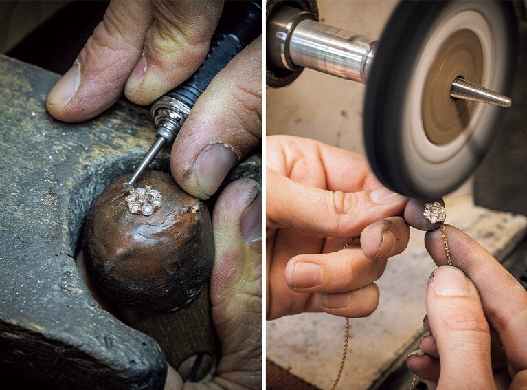 セッティングの仕上げや、やすりによる研磨作業を行う職人。7石のダイヤモンドの隙間ないセットや、細部に至る研磨など、非常に繊細な職人技が駆使されている。