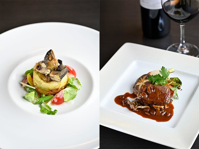 季節のディナーコース (5,200円) の一例。〈写真左〉「鮎のコンフィ カポナータのガトー仕立て」。〈写真右〉「牛フィレのロティ ポルチーニのソース」。