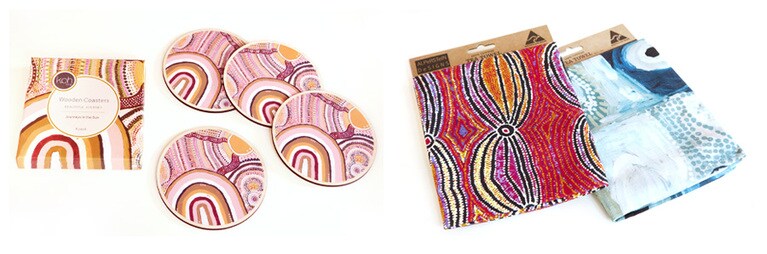 左：アボリジナルアートを雑貨に応用する「コー・リビング」の木製コースター。4枚入り$40。右：「アルパースタイン・デザインズ」のティータオルもアボリジナルアートのデザイン。各$23。