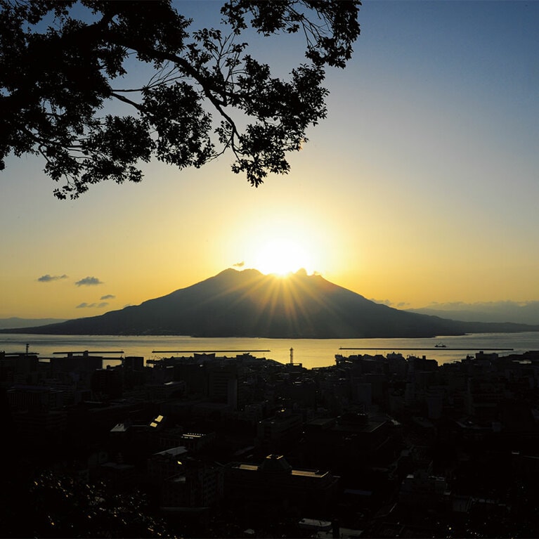#フォトジェニックな桜島と朝日浴／旅先では普段より早く起きて、早朝ウォーキングがてら朝日を見に行こう。朝日を浴びることで神経伝達物質セロトニンの分泌が活発になって脳が活性化され、体内時計もリセットされて体内のリズムが整う。朝日浴は起床後30分以内がポイントで、1日15〜30分ほど浴びるのがおすすめ。