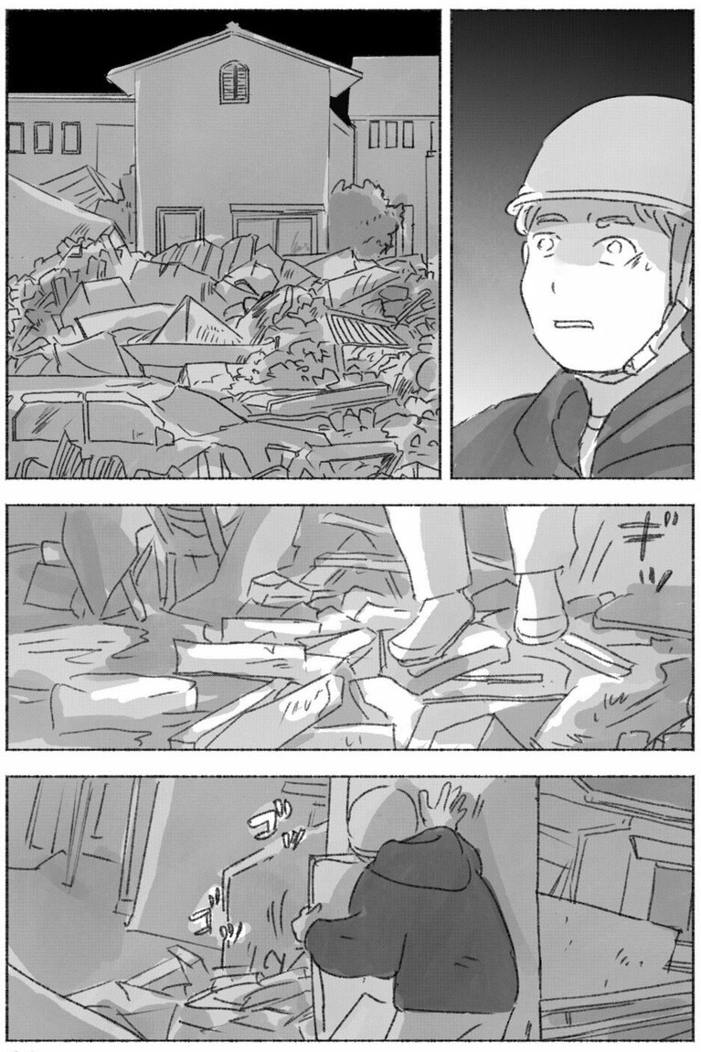 『るすばん猫きなこ』1巻2話より。津波やその後の被災地の様子がリアルに描かれる。©今日マチ子／講談社