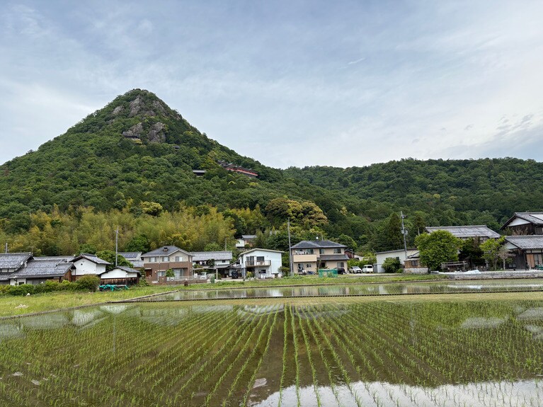 目の前の岩山に鎮座するのが、「勝利と幸福の神様」として信仰される、太郎坊宮。古くから聖徳太子、最澄、源義経らの尊崇を集めてきた。“ガチャコン”の愛称で親しまれる地元のローカル線・近江鉄道には「太郎坊宮前駅」もある。