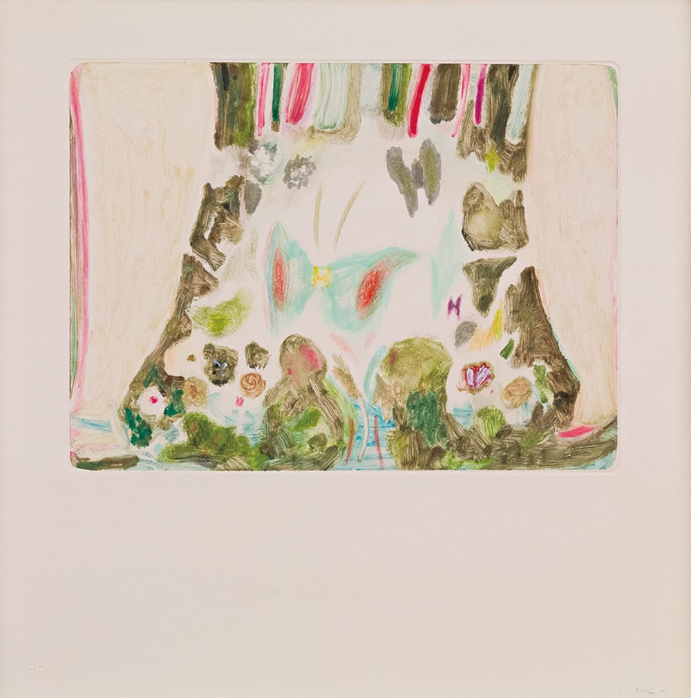 杉戸洋《untitled-21》2006年／伸びやかで、かつ繊細な線や色彩で独自の絵画空間を生み出す杉戸は、展示される場所と作品の関係性も重視する。今展でも庭と繫がった室内に展示されており、自然と呼応しているかのよう。©Hiroshi Sugito