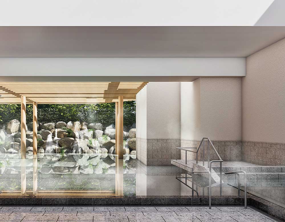 ホテル敷地内で掘削した天然温泉を引いたスパ施設は、2020年内にオープン予定。写真は、華頂山に続く庭園とひと続きになるような眺望を堪能できる、半露天風呂のイメージ。