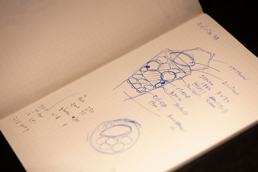 ノートにアイディアや構成を描く。
